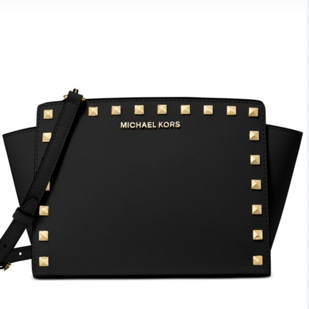 Michael Kors Black Leather Crossbody Bag with Gold Studs